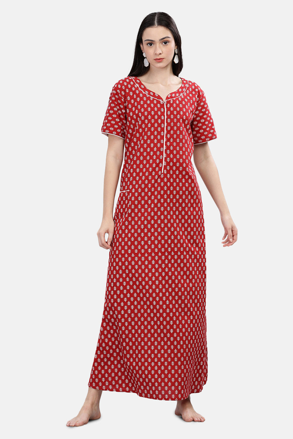 Naidu Hall  Round Neck Short Sleeve Printed Nighty - Red - NT72