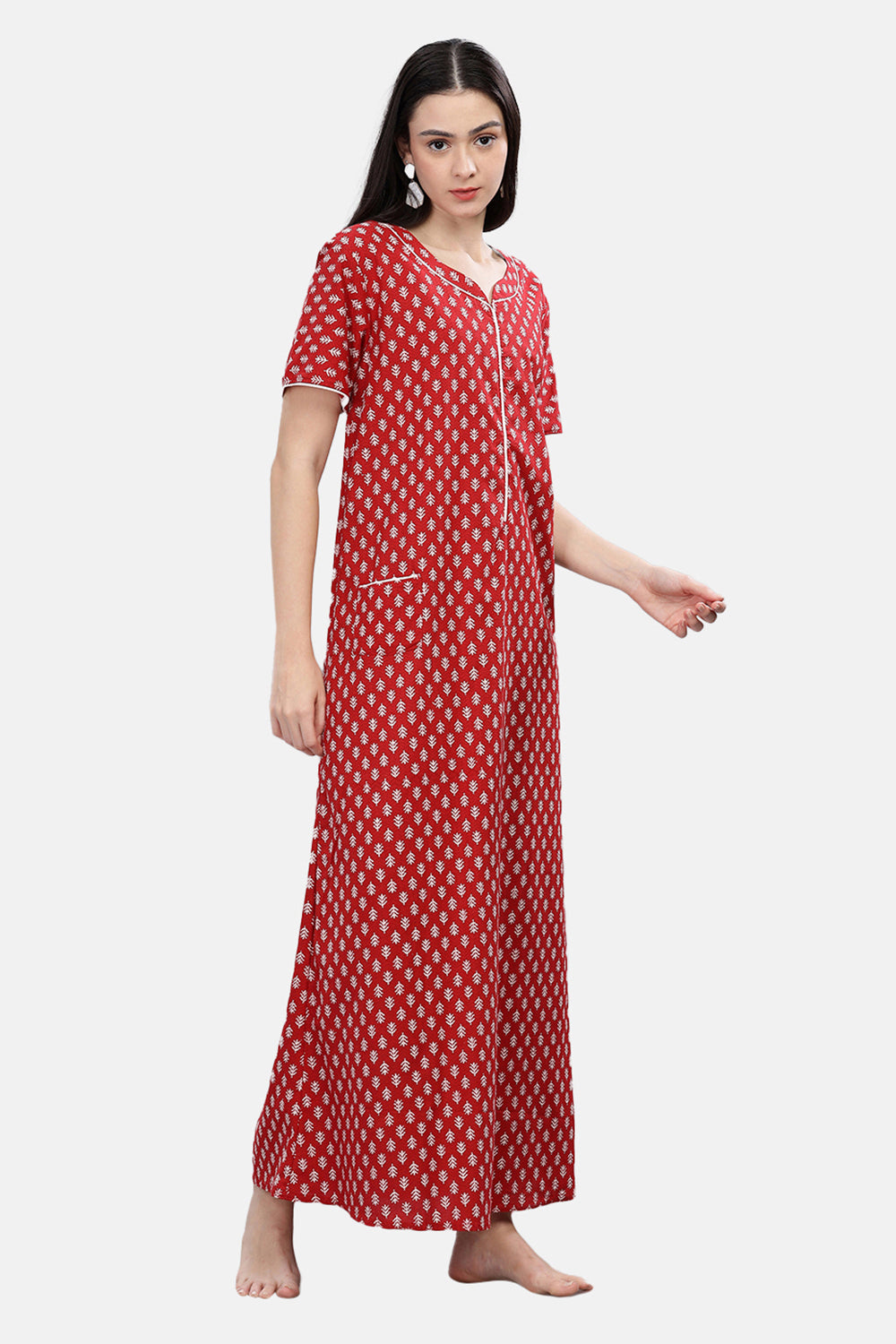 Naidu Hall  Round Neck Short Sleeve Printed Nighty - Red - NT72