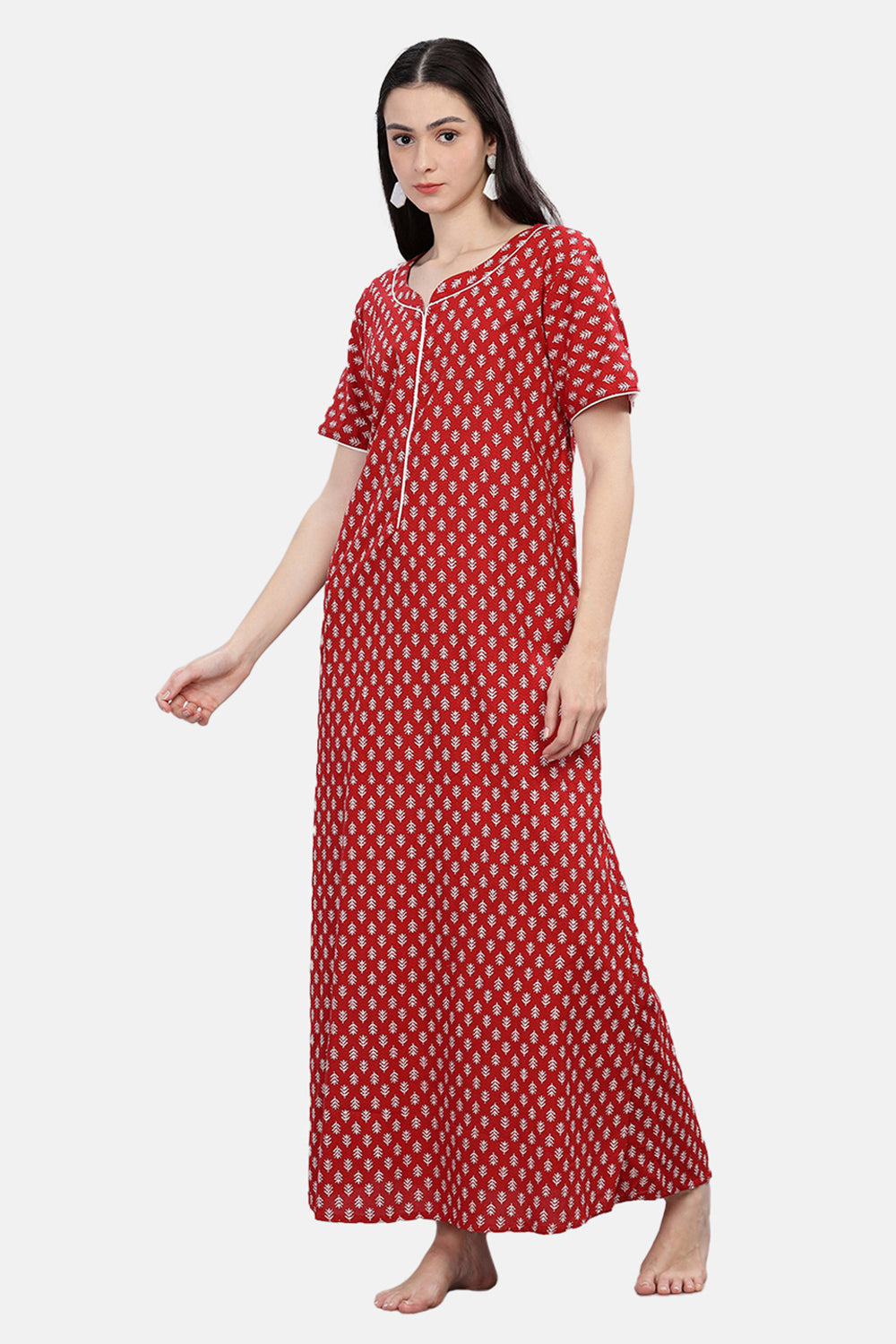 Naidu Hall  Round Neck Short Sleeve Printed Nighty - Red - NT72