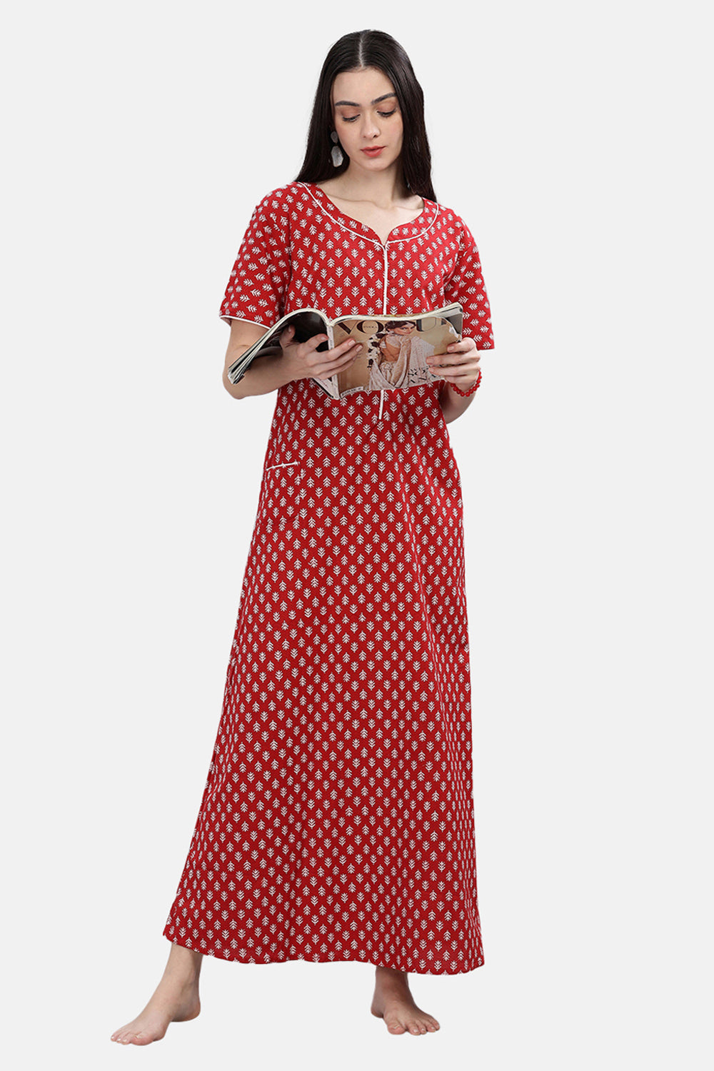 Naidu Hall  Round Neck Short Sleeve Printed Nighty - Red - NT72