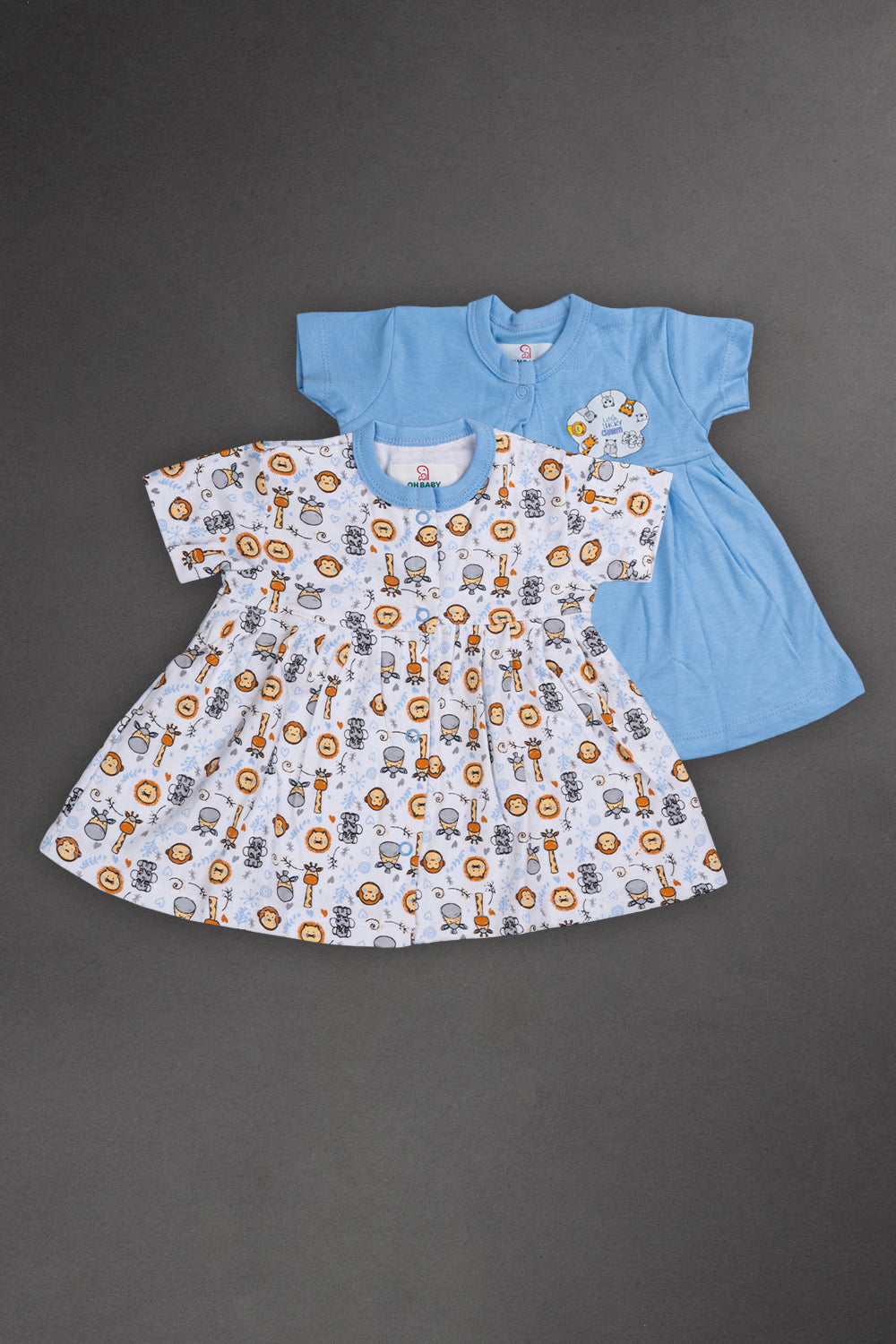 Oh Baby Cotton Interlock Knit Animal Print Frock Pack Of - 2 - Sky Blue & Assorted - R204