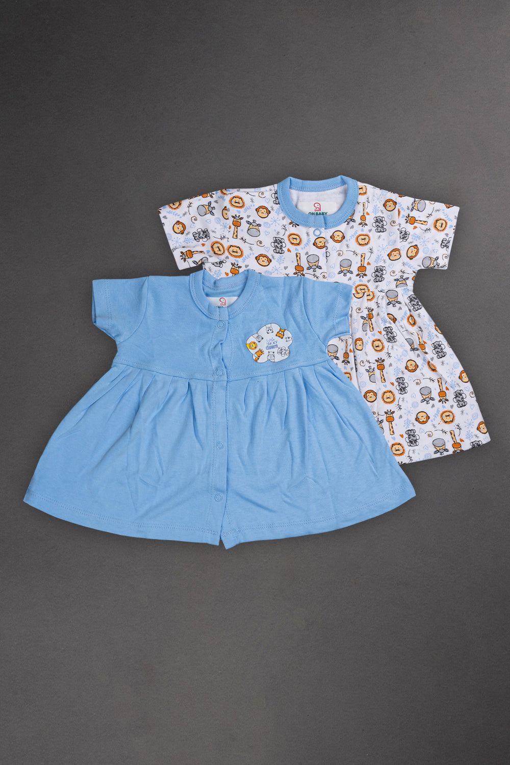 Oh Baby Cotton Interlock Knit Animal Print Frock Pack Of - 2 - Sky Blue & Assorted - R204