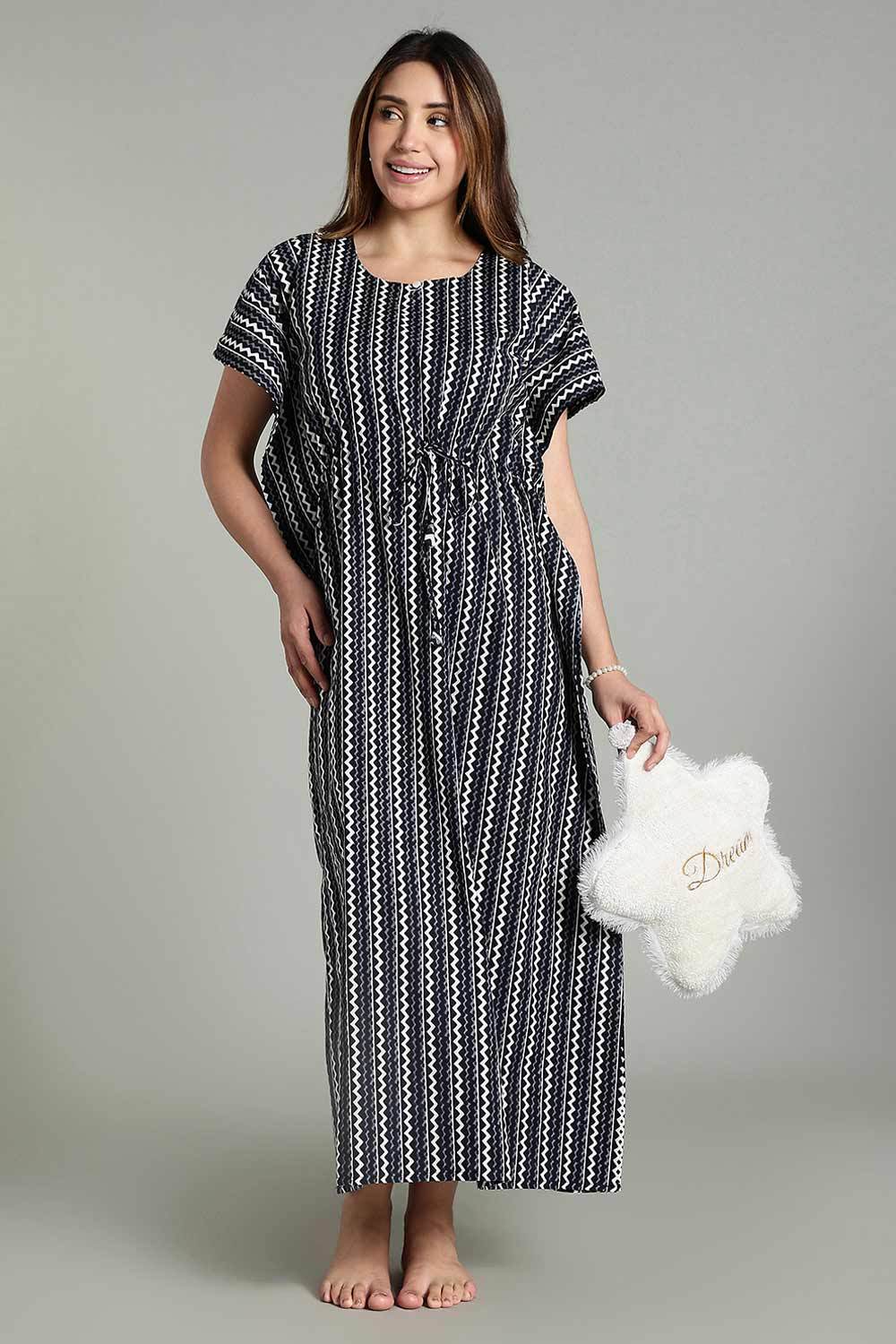 Naidu Hall Women’s Full-Length Kaftan Nighty – V-Slit Keyhole Neck, Elastic Waist & Short Sleeves - Black - NA29 - Naidu Hall Family Store