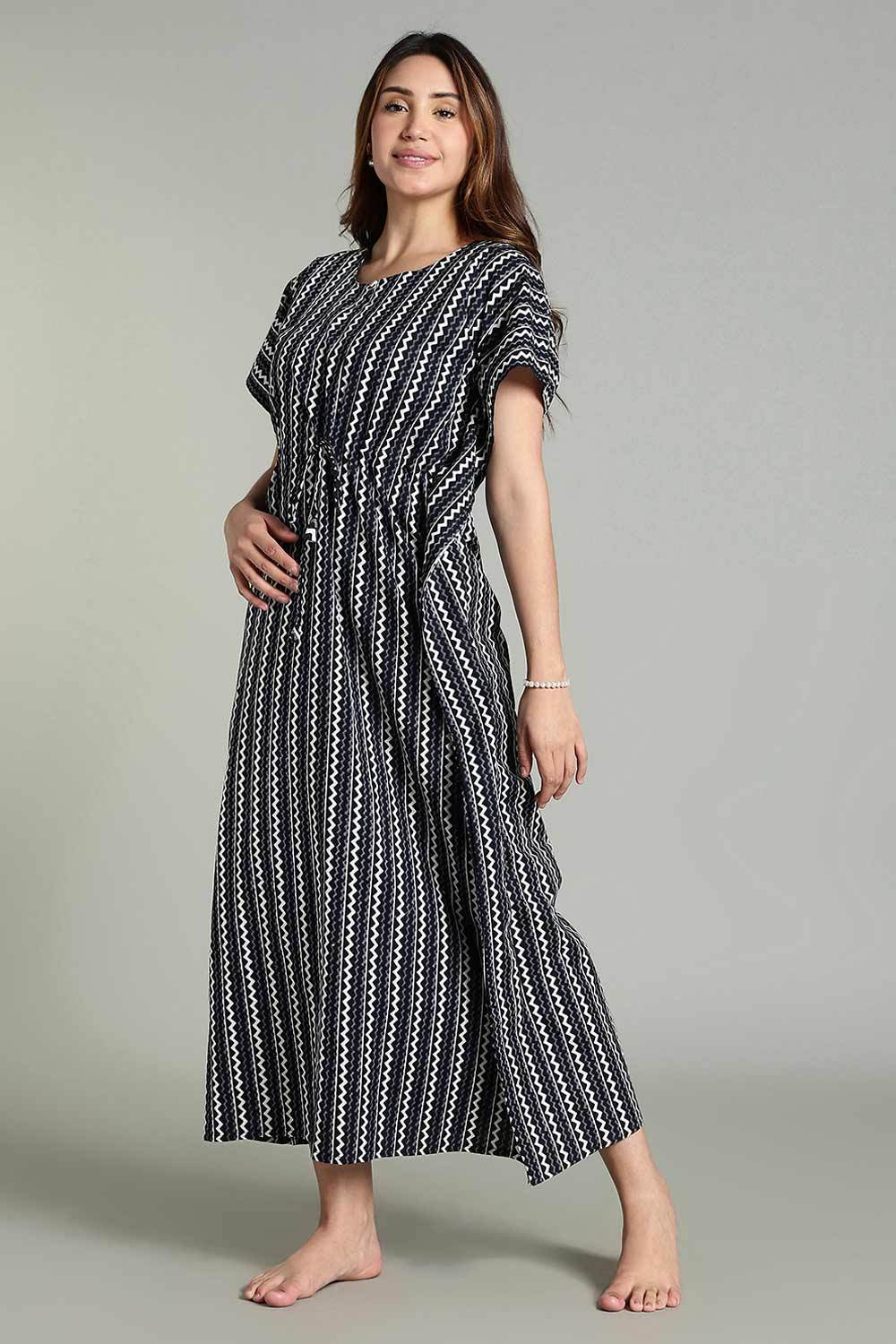 Naidu Hall Women’s Full-Length Kaftan Nighty – V-Slit Keyhole Neck, Elastic Waist & Short Sleeves - Black - NA29 - Naidu Hall Family Store