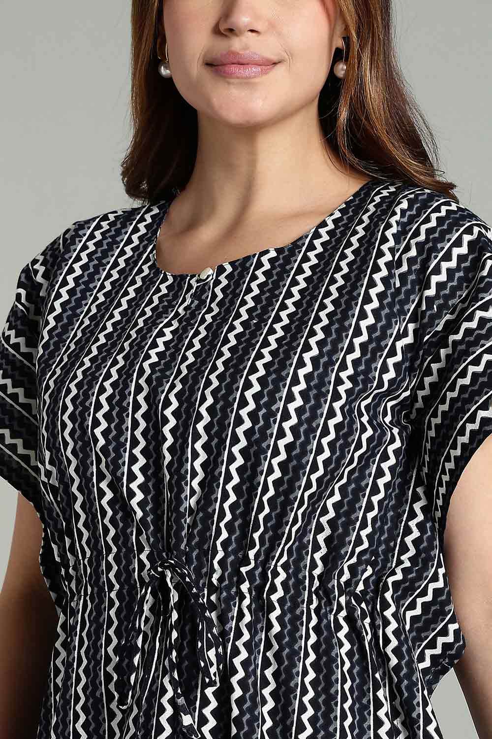 Naidu Hall Women’s Full-Length Kaftan Nighty – V-Slit Keyhole Neck, Elastic Waist & Short Sleeves - Black - NA29 - Naidu Hall Family Store
