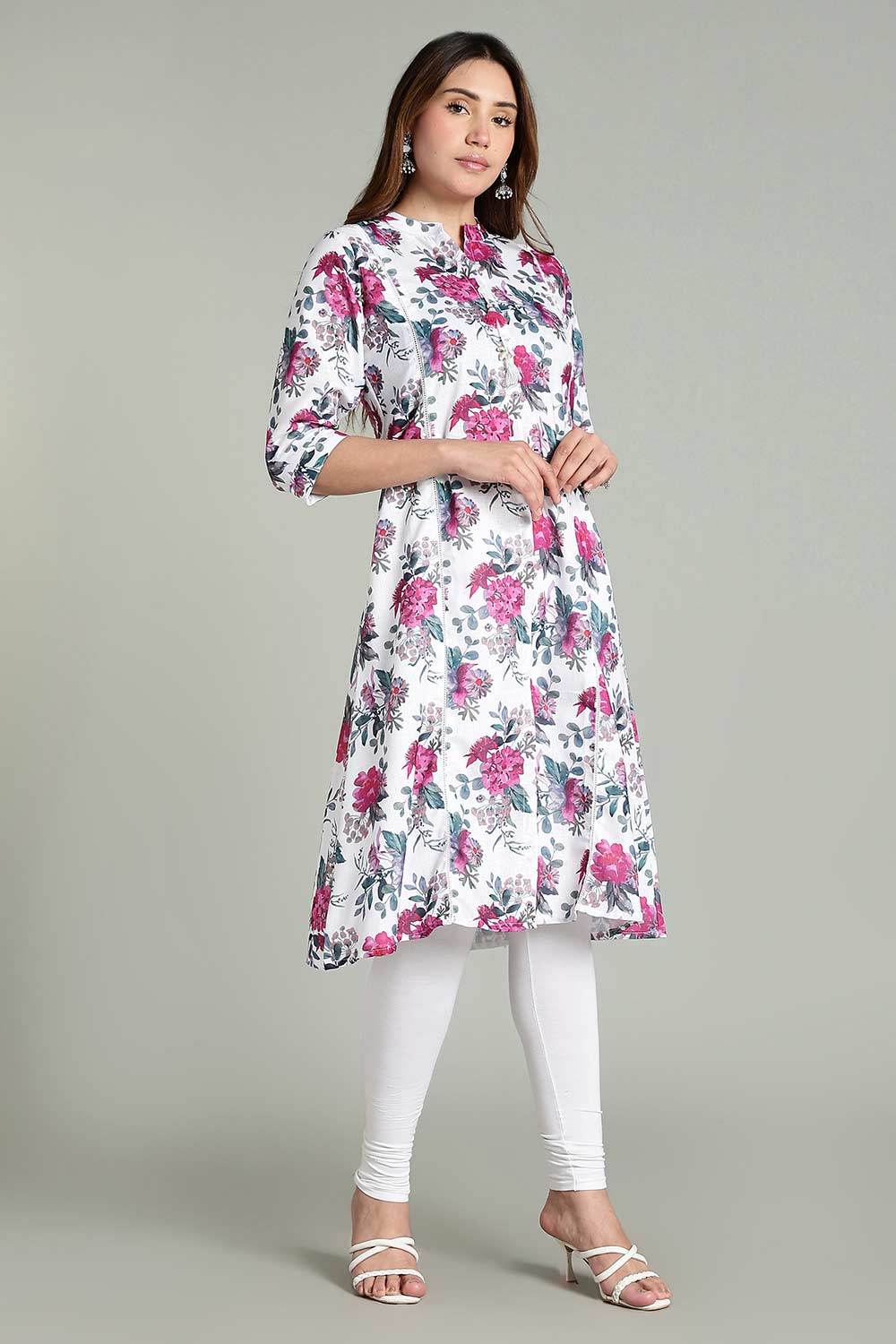 Mythri Women’s Printed Casual Kurta – Henley Neck with Tassels 3/4 Sleeves & Below-Knee Length - White - KA01 - Naidu Hall Family Store