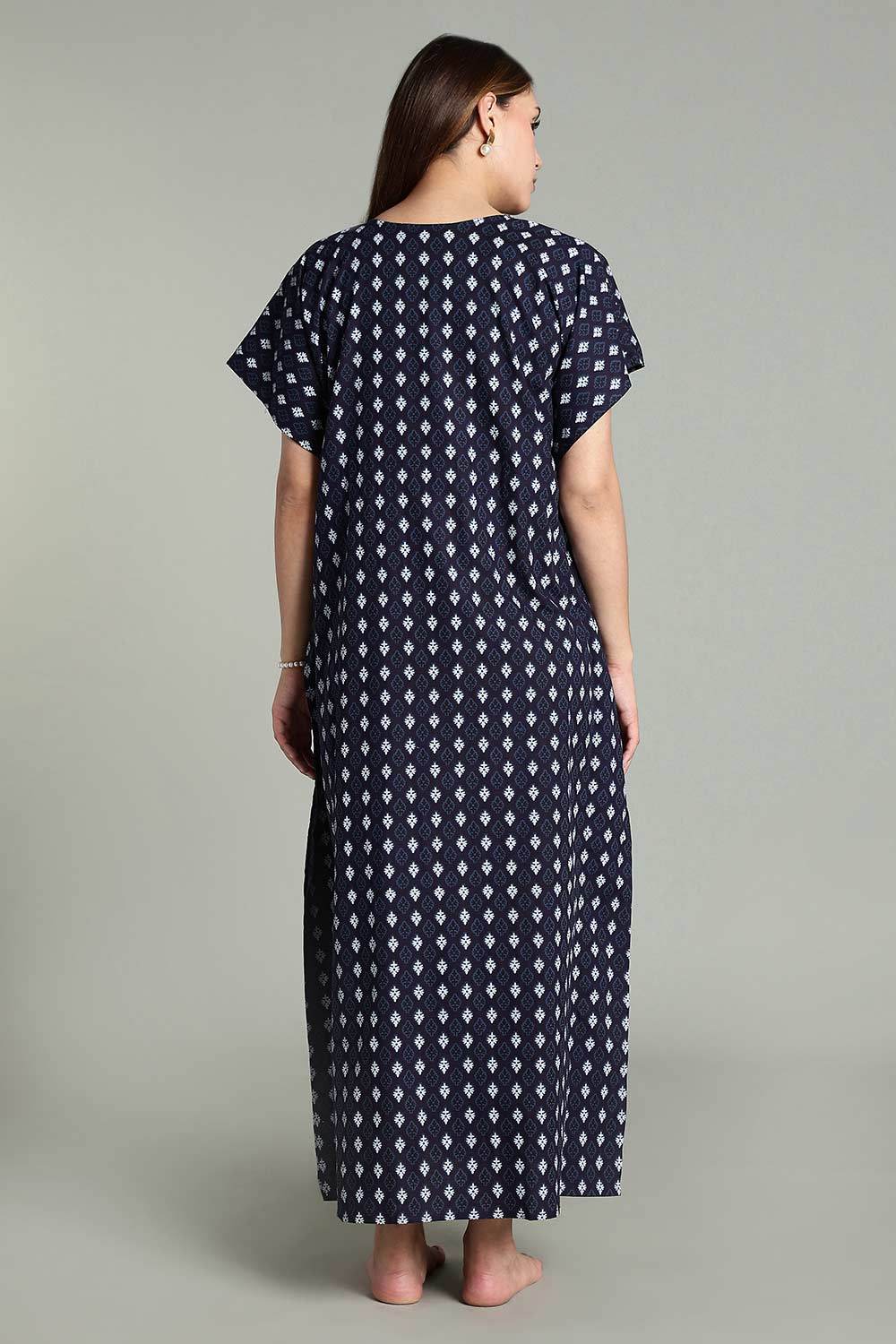Naidu Hall Women’s Full-Length Kaftan Nighty – V-Slit Keyhole Neck, Elastic Waist & Short Sleeves - Navy Blue - NA30 - Naidu Hall Family Store