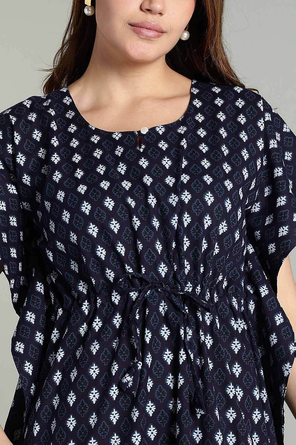 Naidu Hall Women’s Full-Length Kaftan Nighty – V-Slit Keyhole Neck, Elastic Waist & Short Sleeves - Navy Blue - NA30 - Naidu Hall Family Store