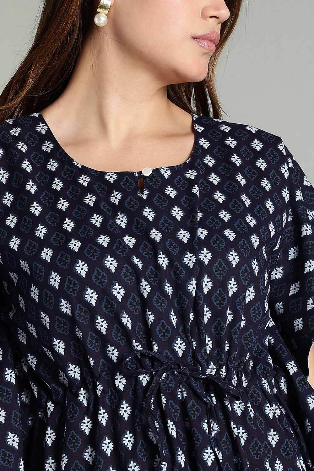 Naidu Hall Women’s Full-Length Kaftan Nighty – V-Slit Keyhole Neck, Elastic Waist & Short Sleeves - Navy Blue - NA30 - Naidu Hall Family Store
