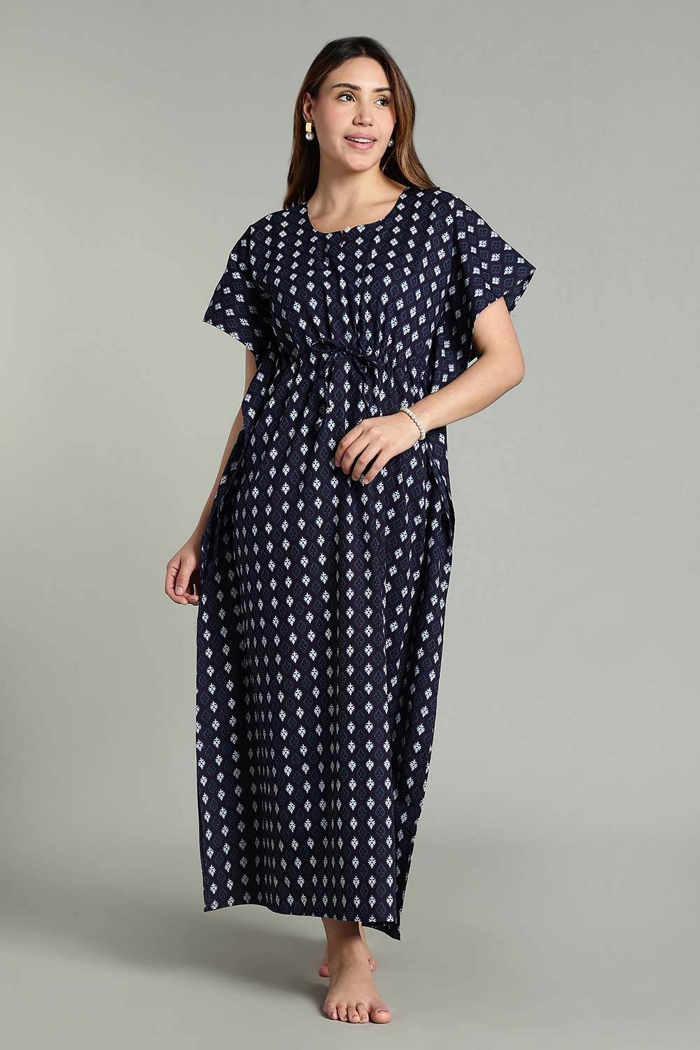 Naidu Hall Women’s Full-Length Kaftan Nighty – V-Slit Keyhole Neck, Elastic Waist & Short Sleeves - Navy Blue - NA30 - Naidu Hall Family Store