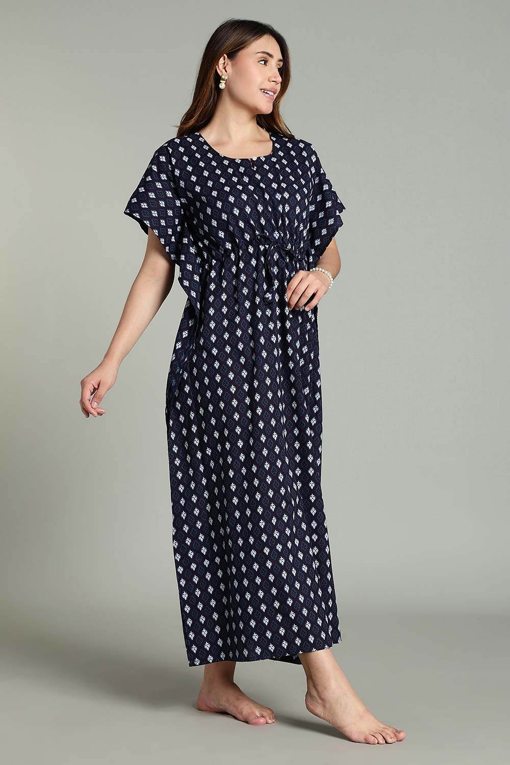 Naidu Hall Women’s Full-Length Kaftan Nighty – V-Slit Keyhole Neck, Elastic Waist & Short Sleeves - Navy Blue - NA30 - Naidu Hall Family Store