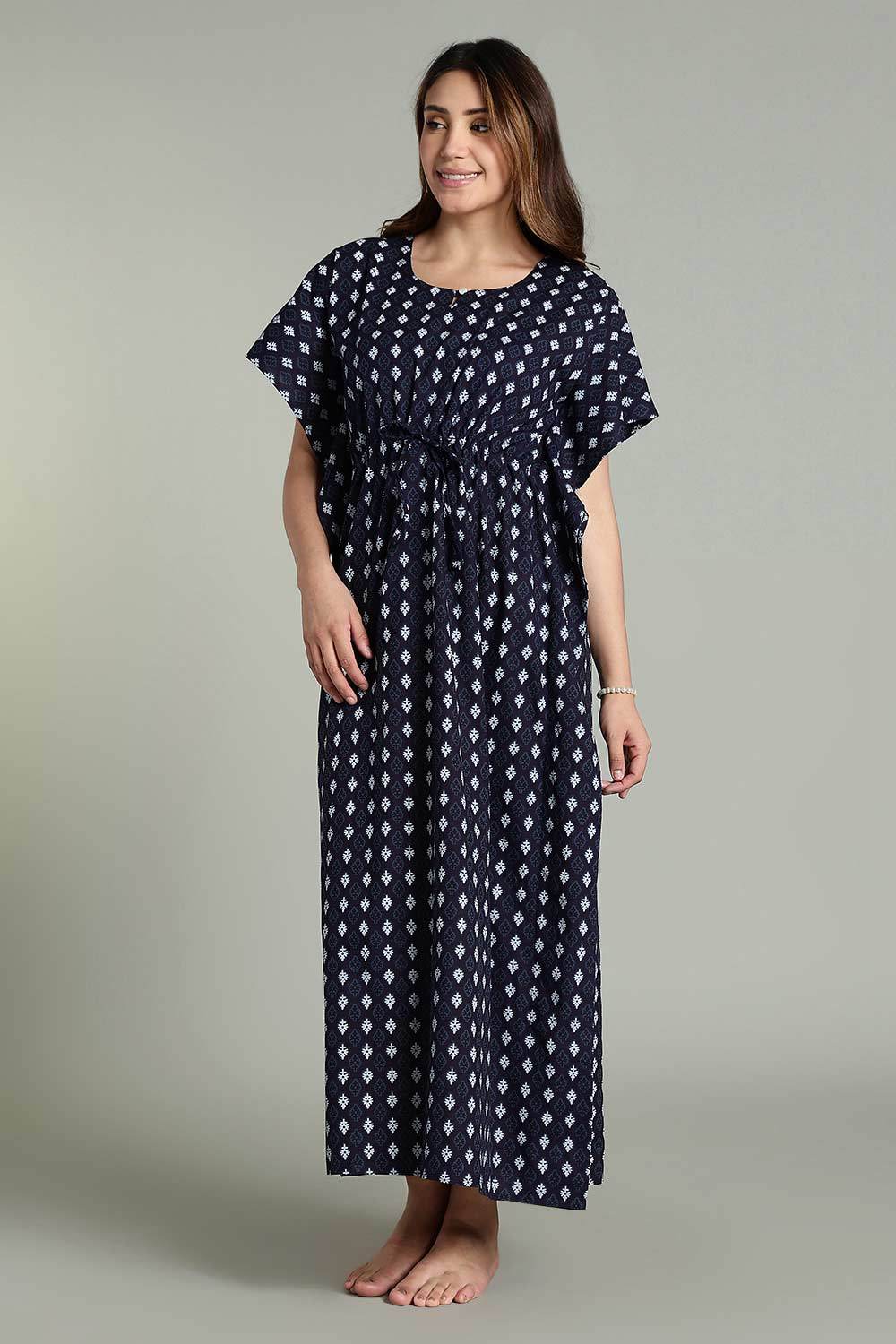 Naidu Hall Women’s Full-Length Kaftan Nighty – V-Slit Keyhole Neck, Elastic Waist & Short Sleeves - Navy Blue - NA30 - Naidu Hall Family Store