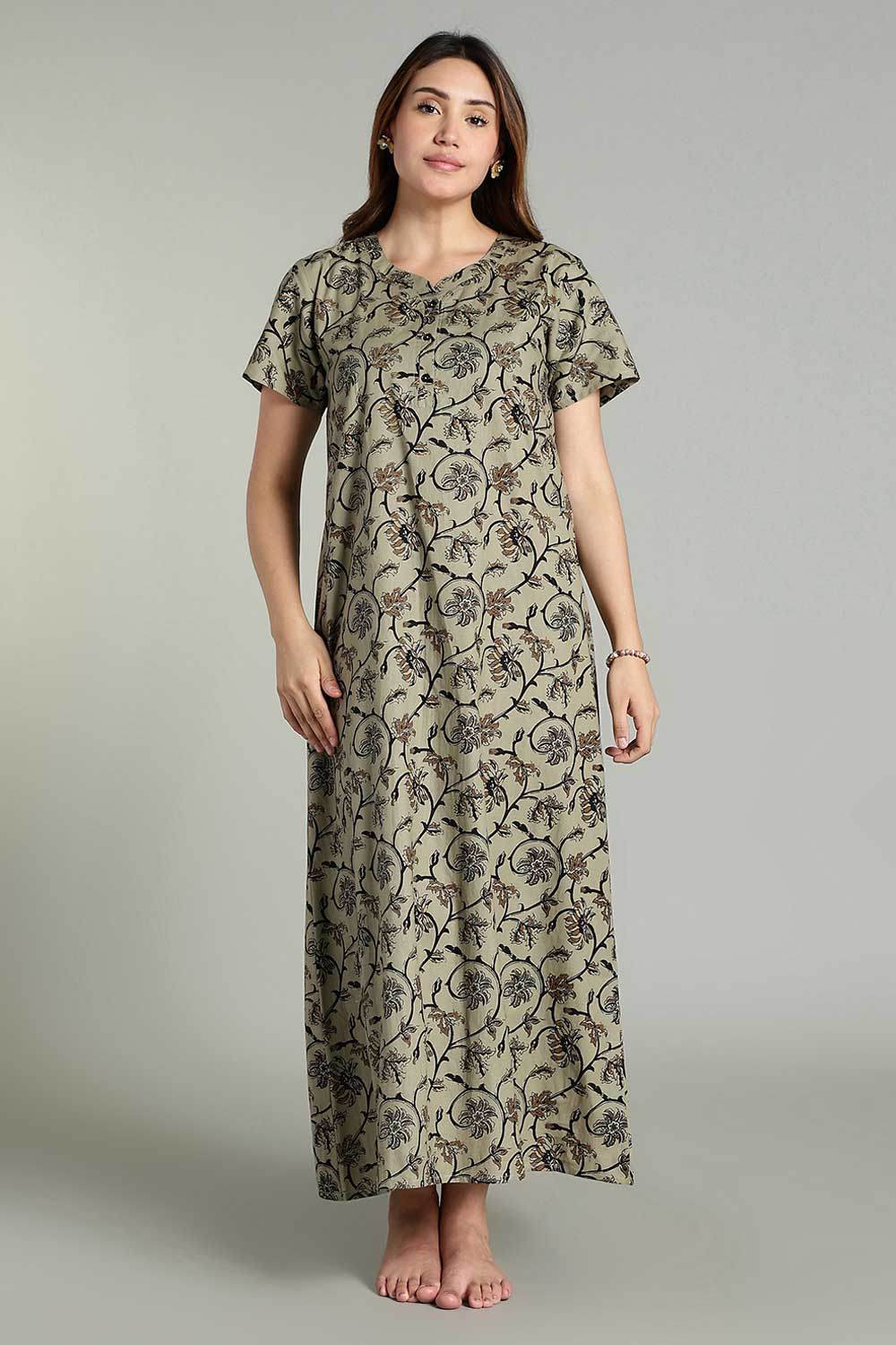 Naidu Hall Women’s Daily Wear A-Line Nighty – Short Sleeves with Round Neck & Button Placket - Olive - NA36 - Naidu Hall Family Store
