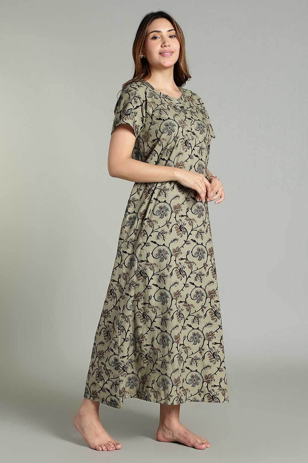 Naidu Hall Women’s Daily Wear A-Line Nighty – Short Sleeves with Round Neck & Button Placket - Olive - NA36 - Naidu Hall Family Store