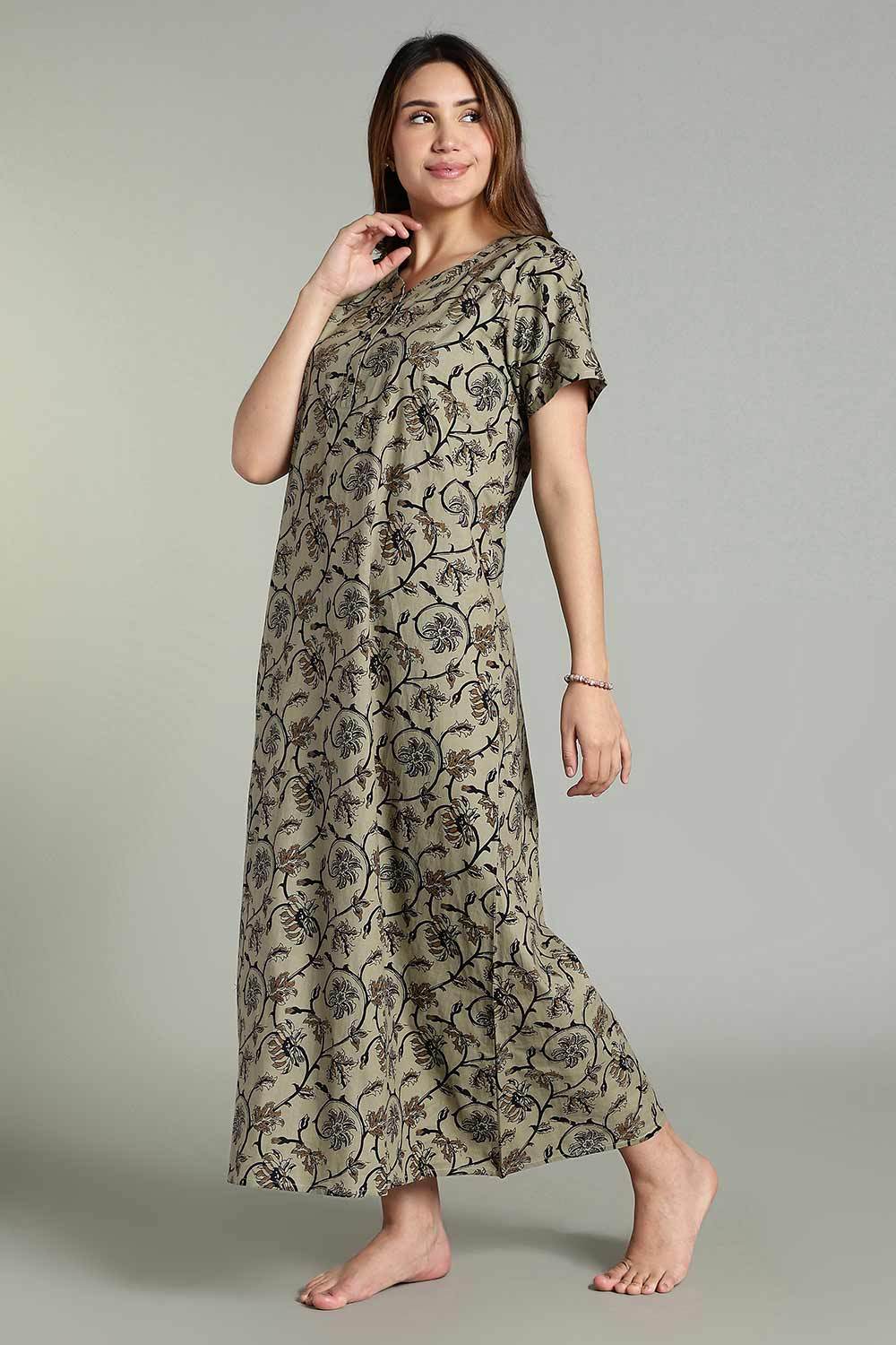 Naidu Hall Women’s Daily Wear A-Line Nighty – Short Sleeves with Round Neck & Button Placket - Olive - NA36 - Naidu Hall Family Store