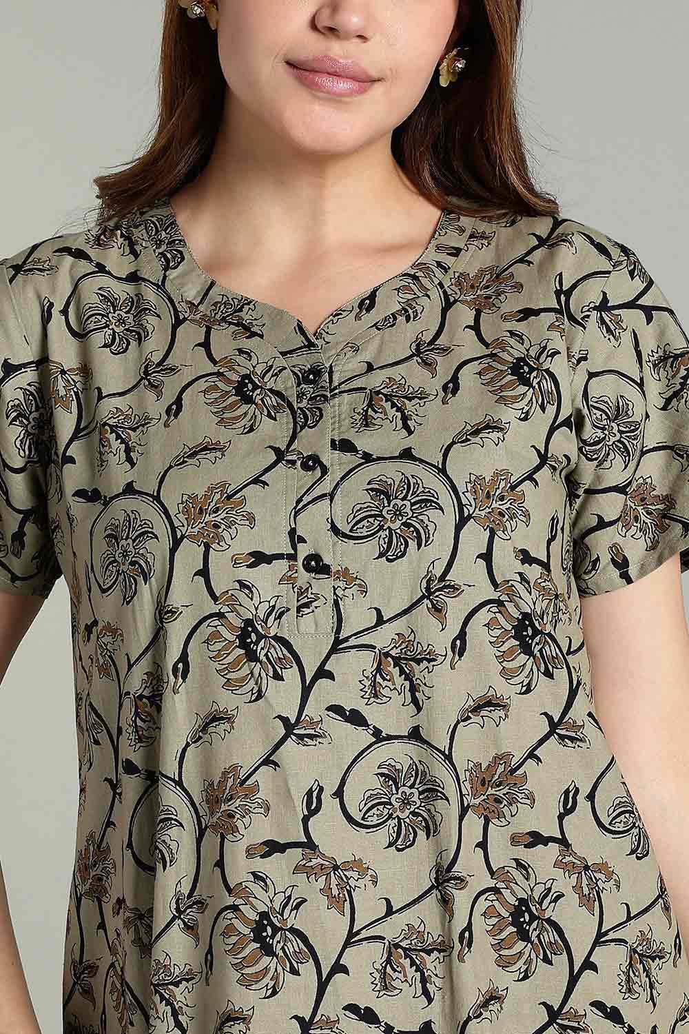 Naidu Hall Women’s Daily Wear A-Line Nighty – Short Sleeves with Round Neck & Button Placket - Olive - NA36 - Naidu Hall Family Store