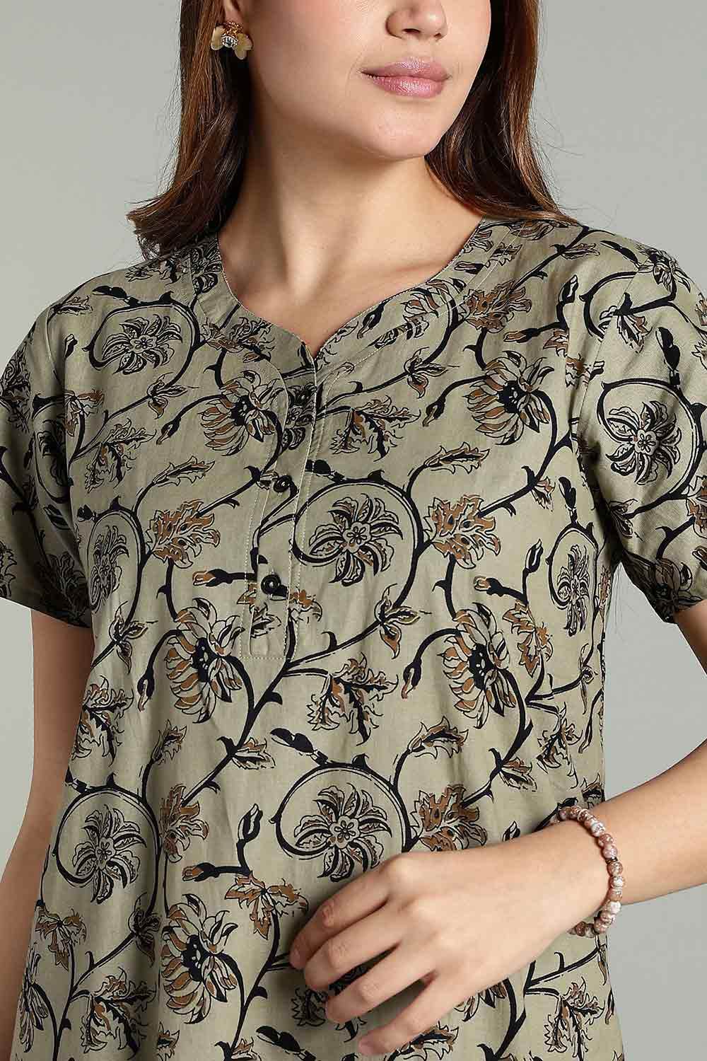 Naidu Hall Women’s Daily Wear A-Line Nighty – Short Sleeves with Round Neck & Button Placket - Olive - NA36 - Naidu Hall Family Store