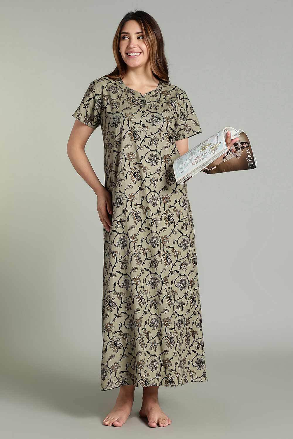 Naidu Hall Women’s Daily Wear A-Line Nighty – Short Sleeves with Round Neck & Button Placket - Olive - NA36 - Naidu Hall Family Store
