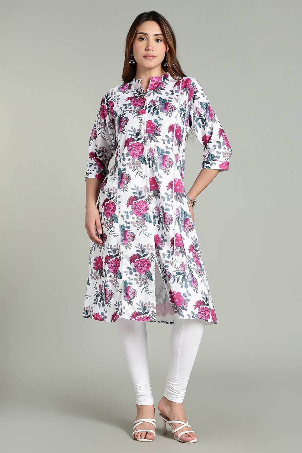 Mythri Women’s Printed Casual Kurta – Henley Neck with Tassels 3/4 Sleeves & Below-Knee Length - White - KA01 - Naidu Hall Family Store