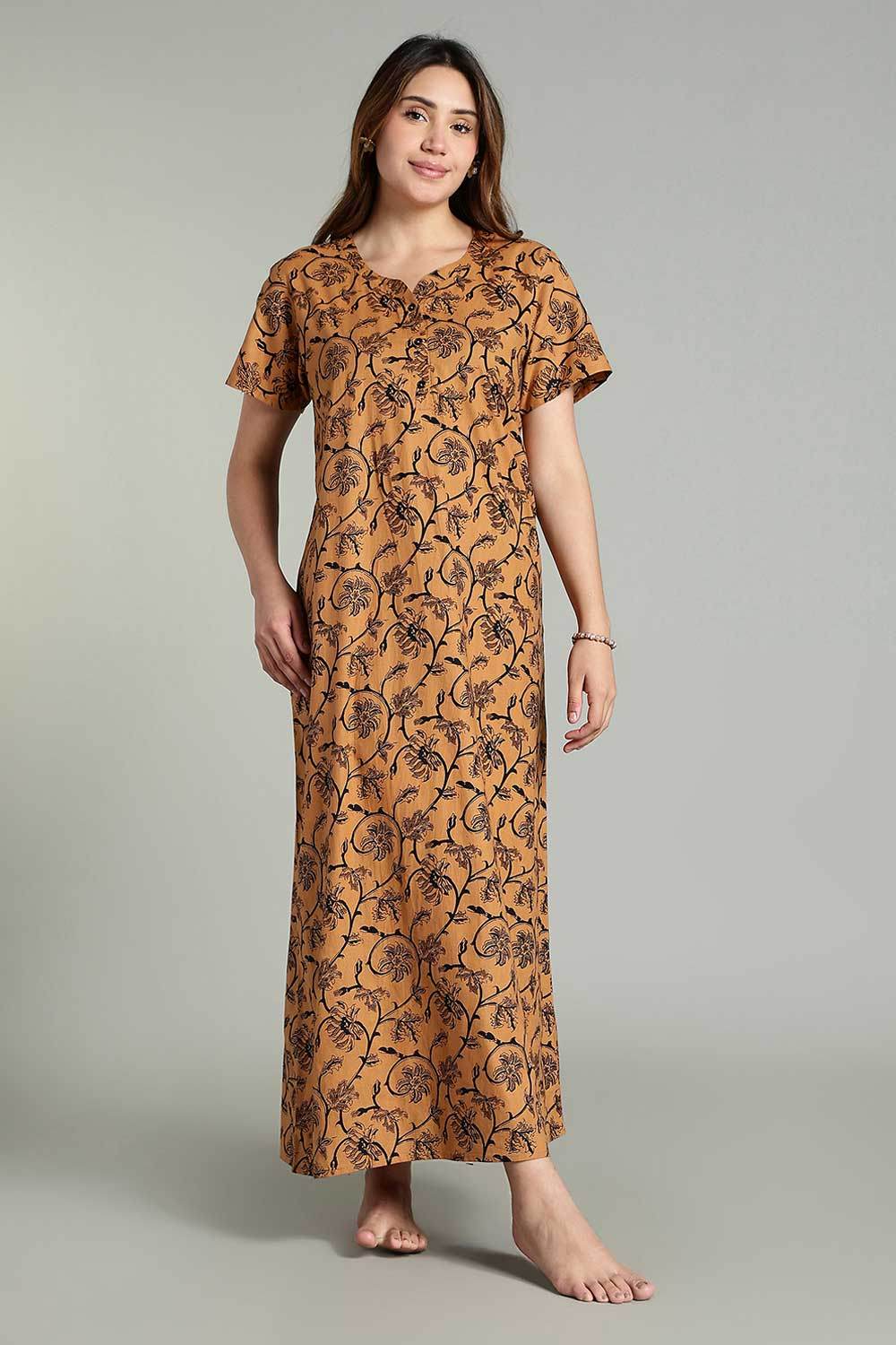 Naidu Hall Women’s Daily Wear A-Line Nighty – Short Sleeves with Round Neck & Button Placket - Light Brown - NA36 - Naidu Hall Family Store