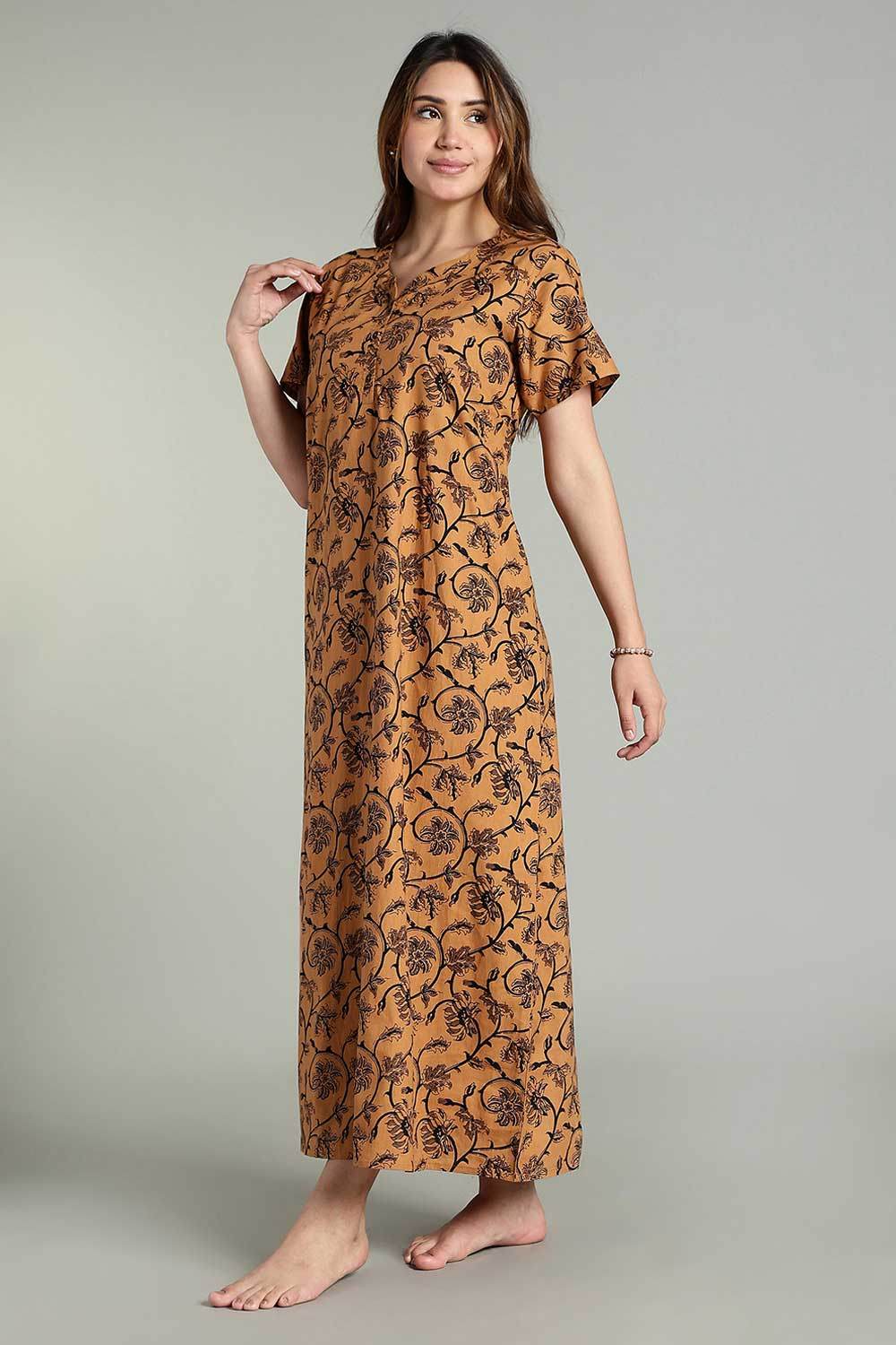 Naidu Hall Women’s Daily Wear A-Line Nighty – Short Sleeves with Round Neck & Button Placket - Light Brown - NA36 - Naidu Hall Family Store