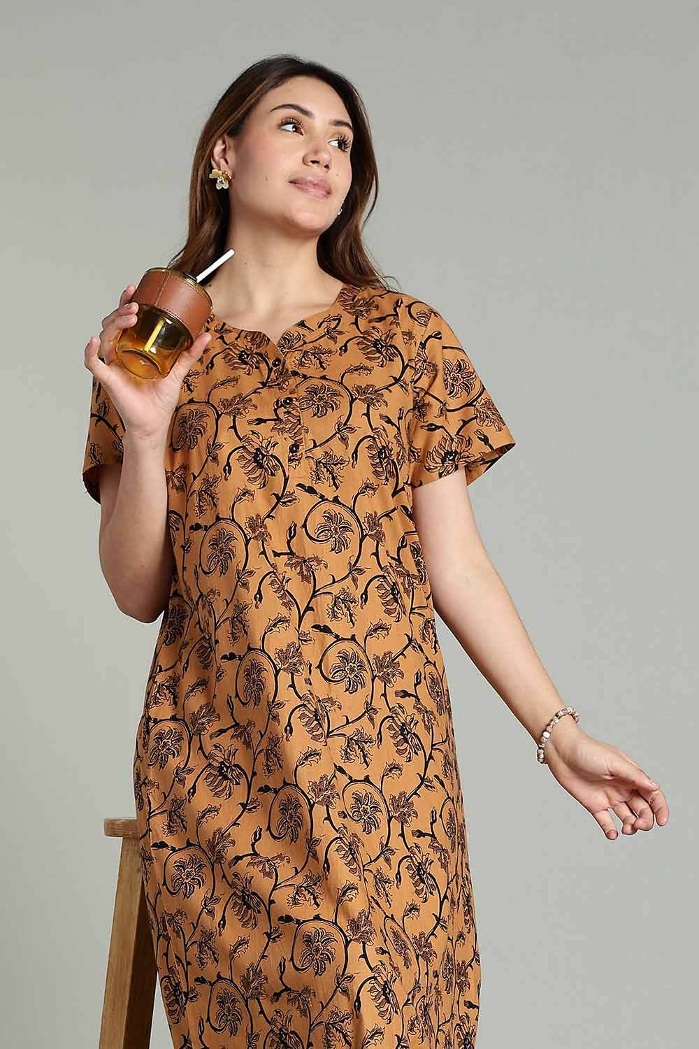 Naidu Hall Women’s Daily Wear A-Line Nighty – Short Sleeves with Round Neck & Button Placket - Light Brown - NA36 - Naidu Hall Family Store