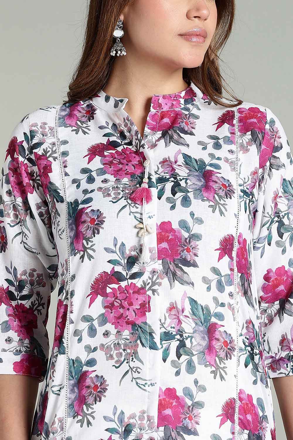 Mythri Women’s Printed Casual Kurta – Henley Neck with Tassels 3/4 Sleeves & Below-Knee Length - White - KA01 - Naidu Hall Family Store