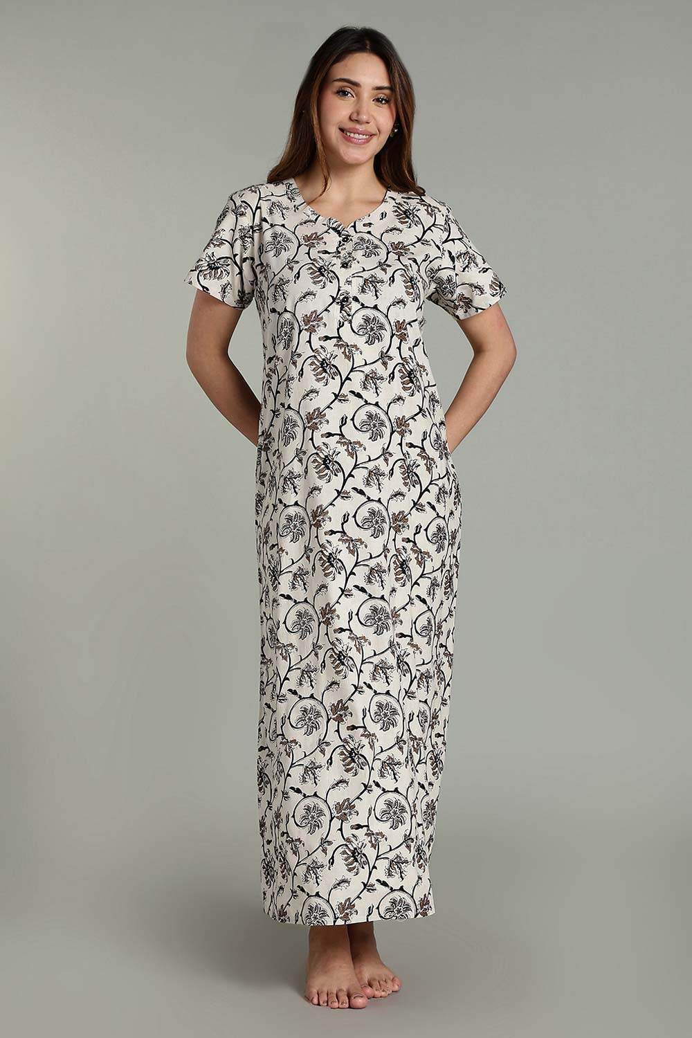 Naidu Hall Women’s Daily Wear A-Line Nighty – Short Sleeves with Round Neck & Button Placket - White - NA36 - Naidu Hall Family Store