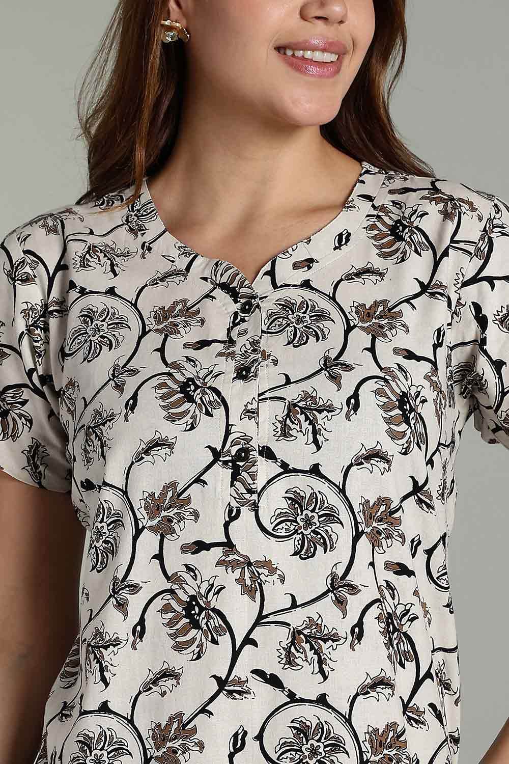 Naidu Hall Women’s Daily Wear A-Line Nighty – Short Sleeves with Round Neck & Button Placket - White - NA36 - Naidu Hall Family Store