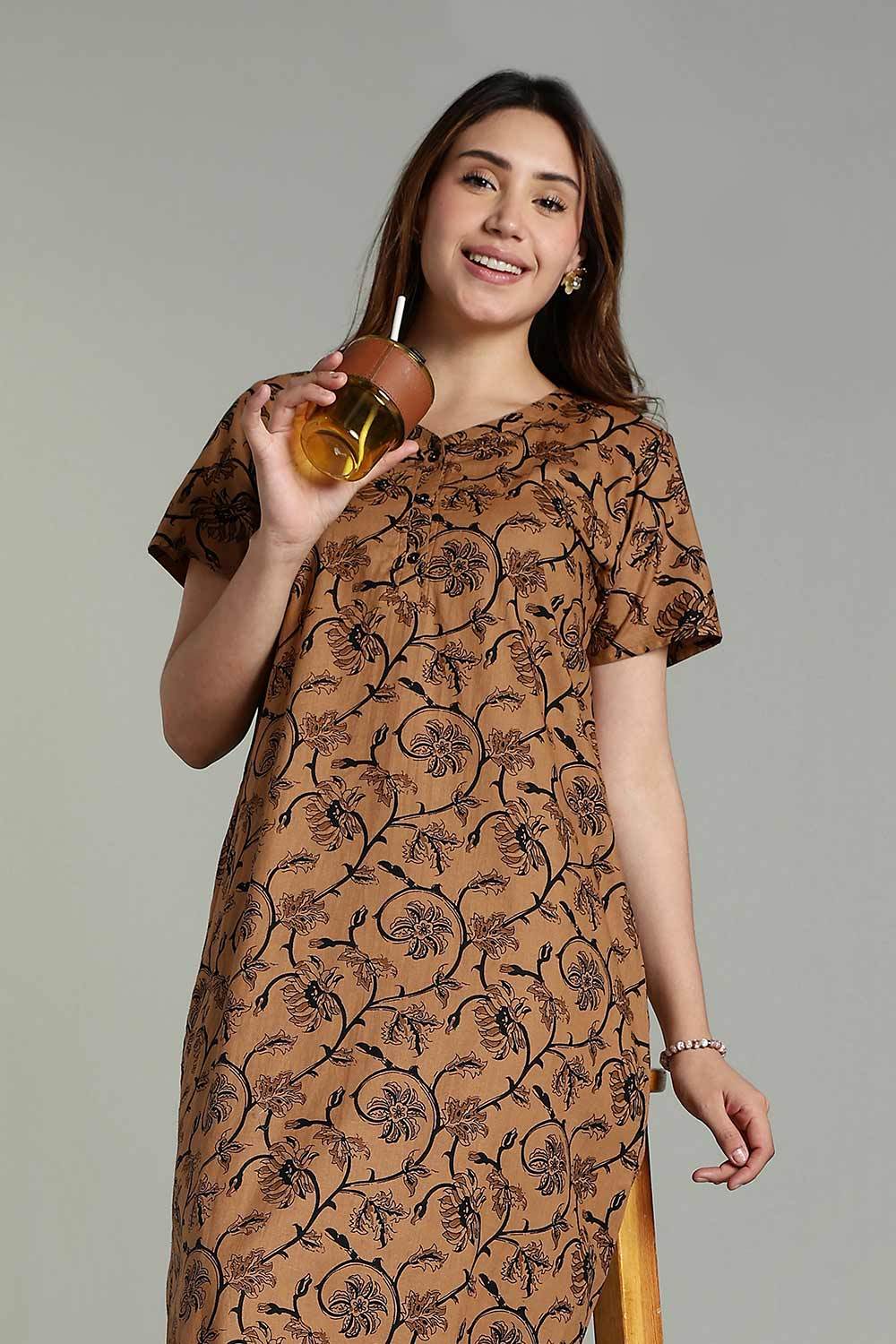 Naidu Hall Women’s Daily Wear A-Line Nighty – Short Sleeves with Round Neck & Button Placket - Brown - NA36 - Naidu Hall Family Store