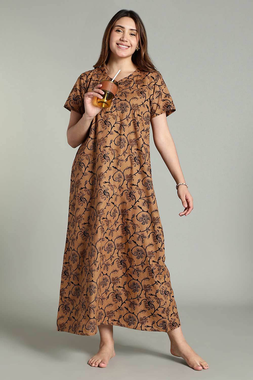 Naidu Hall Women’s Daily Wear A-Line Nighty – Short Sleeves with Round Neck & Button Placket - Brown - NA36 - Naidu Hall Family Store