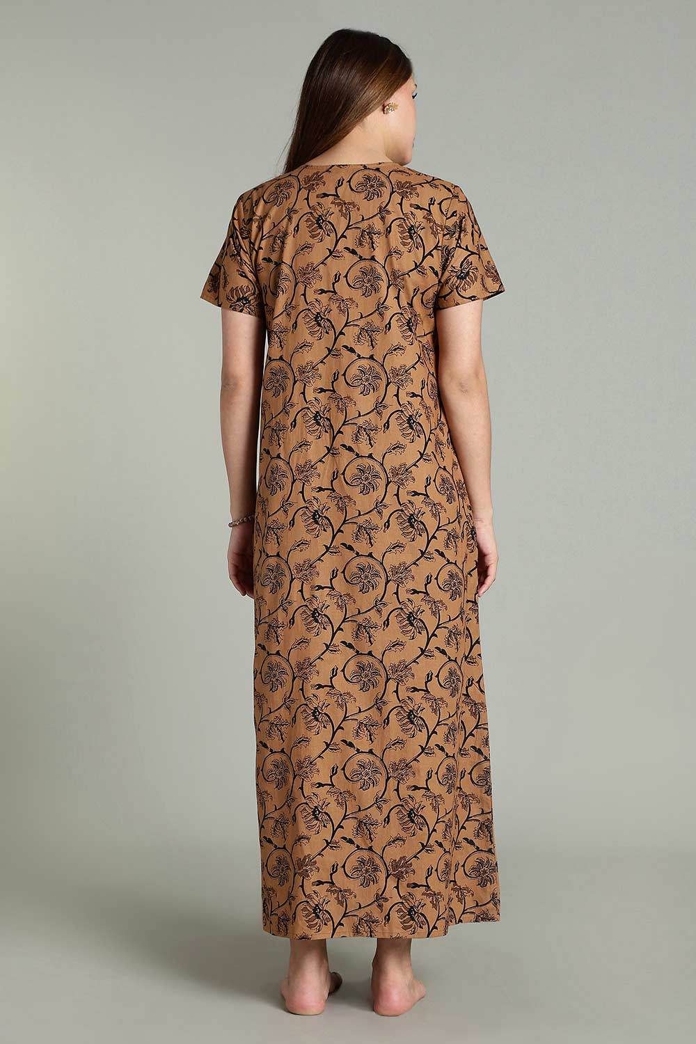 Naidu Hall Women’s Daily Wear A-Line Nighty – Short Sleeves with Round Neck & Button Placket - Brown - NA36 - Naidu Hall Family Store