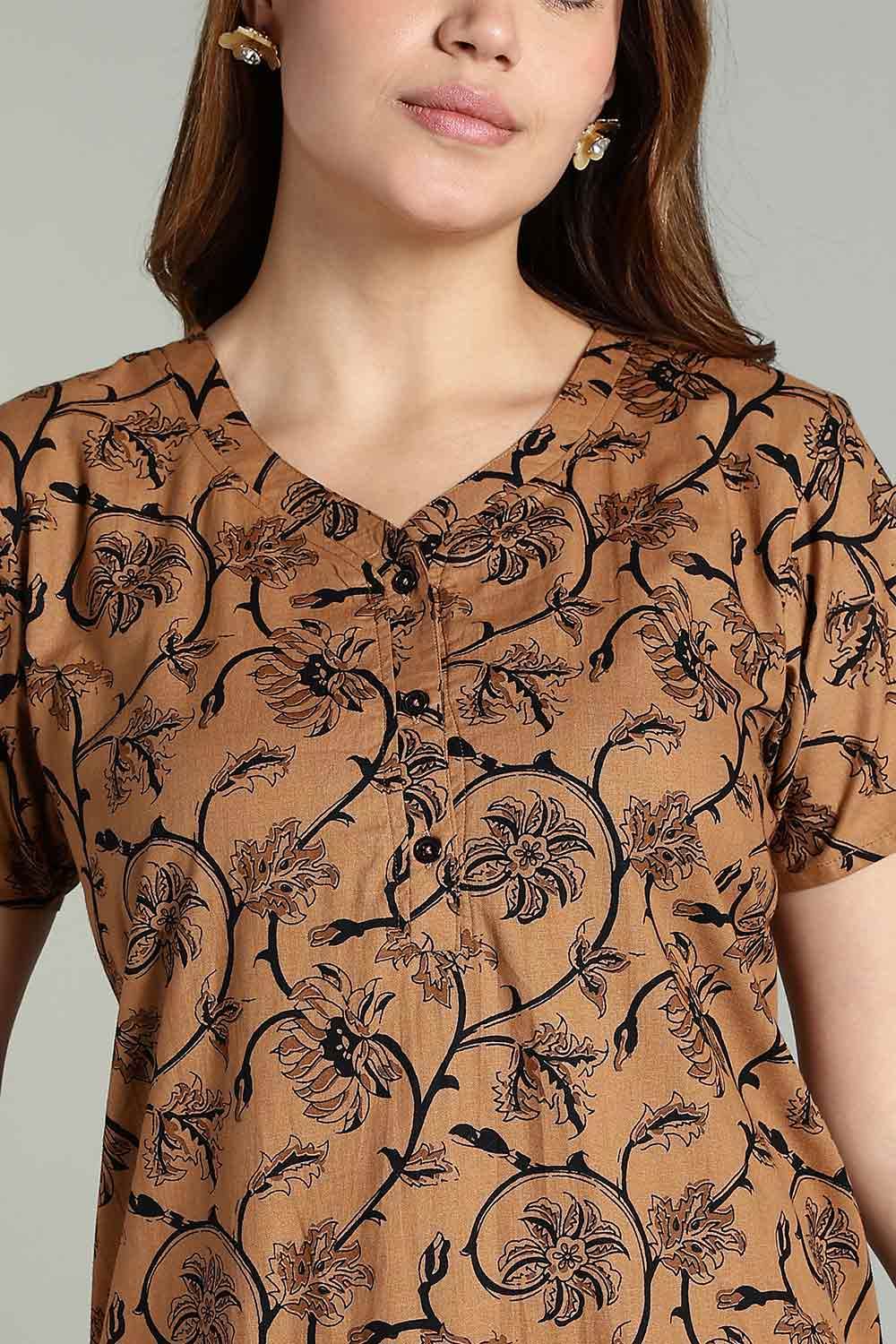 Naidu Hall Women’s Daily Wear A-Line Nighty – Short Sleeves with Round Neck & Button Placket - Brown - NA36 - Naidu Hall Family Store