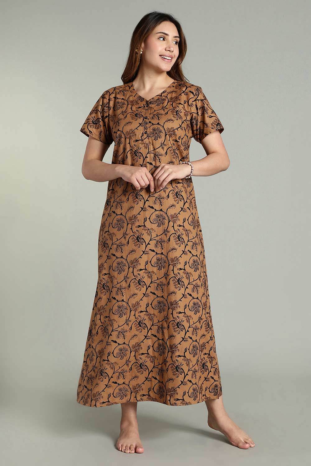 Naidu Hall Women’s Daily Wear A-Line Nighty – Short Sleeves with Round Neck & Button Placket - Brown - NA36 - Naidu Hall Family Store