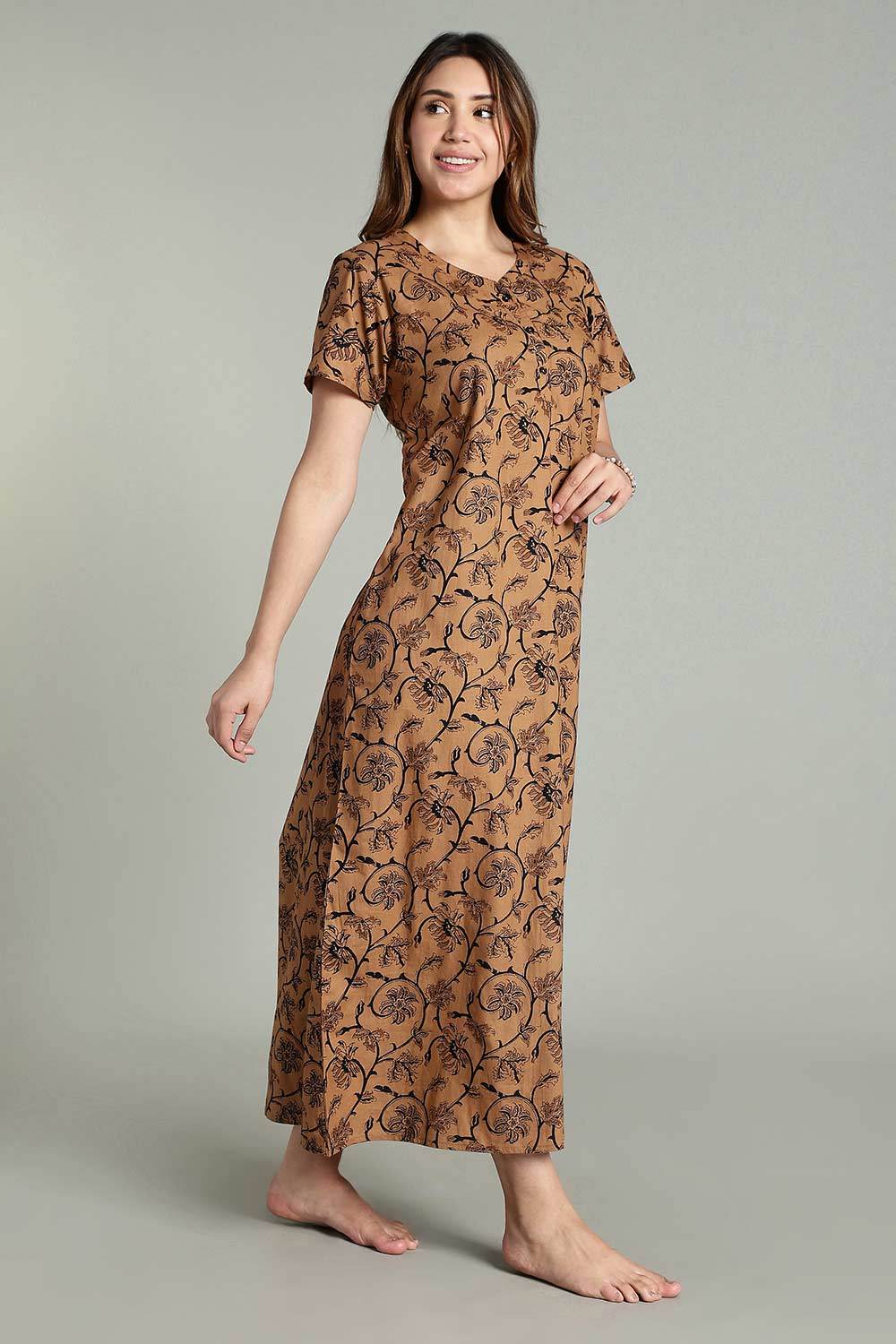 Naidu Hall Women’s Daily Wear A-Line Nighty – Short Sleeves with Round Neck & Button Placket - Brown - NA36 - Naidu Hall Family Store