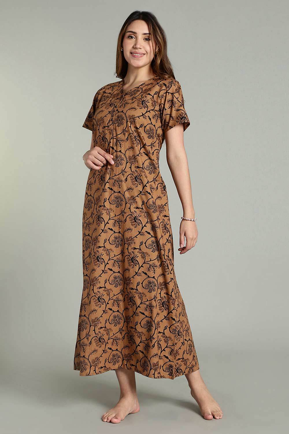 Naidu Hall Women’s Daily Wear A-Line Nighty – Short Sleeves with Round Neck & Button Placket - Brown - NA36 - Naidu Hall Family Store