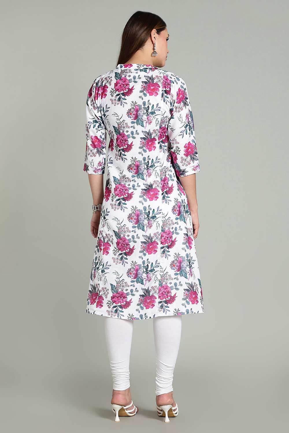 Mythri Women’s Printed Casual Kurta – Henley Neck with Tassels 3/4 Sleeves & Below-Knee Length - White - KA01 - Naidu Hall Family Store