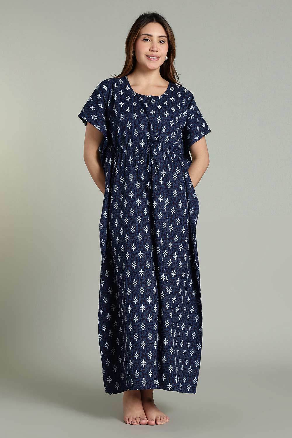 Naidu Hall Women’s Full-Length Kaftan Nighty – V-Slit Keyhole Neck, Elastic Waist & Short Sleeves - Indigo Blue - NA31 - Naidu Hall Family Store