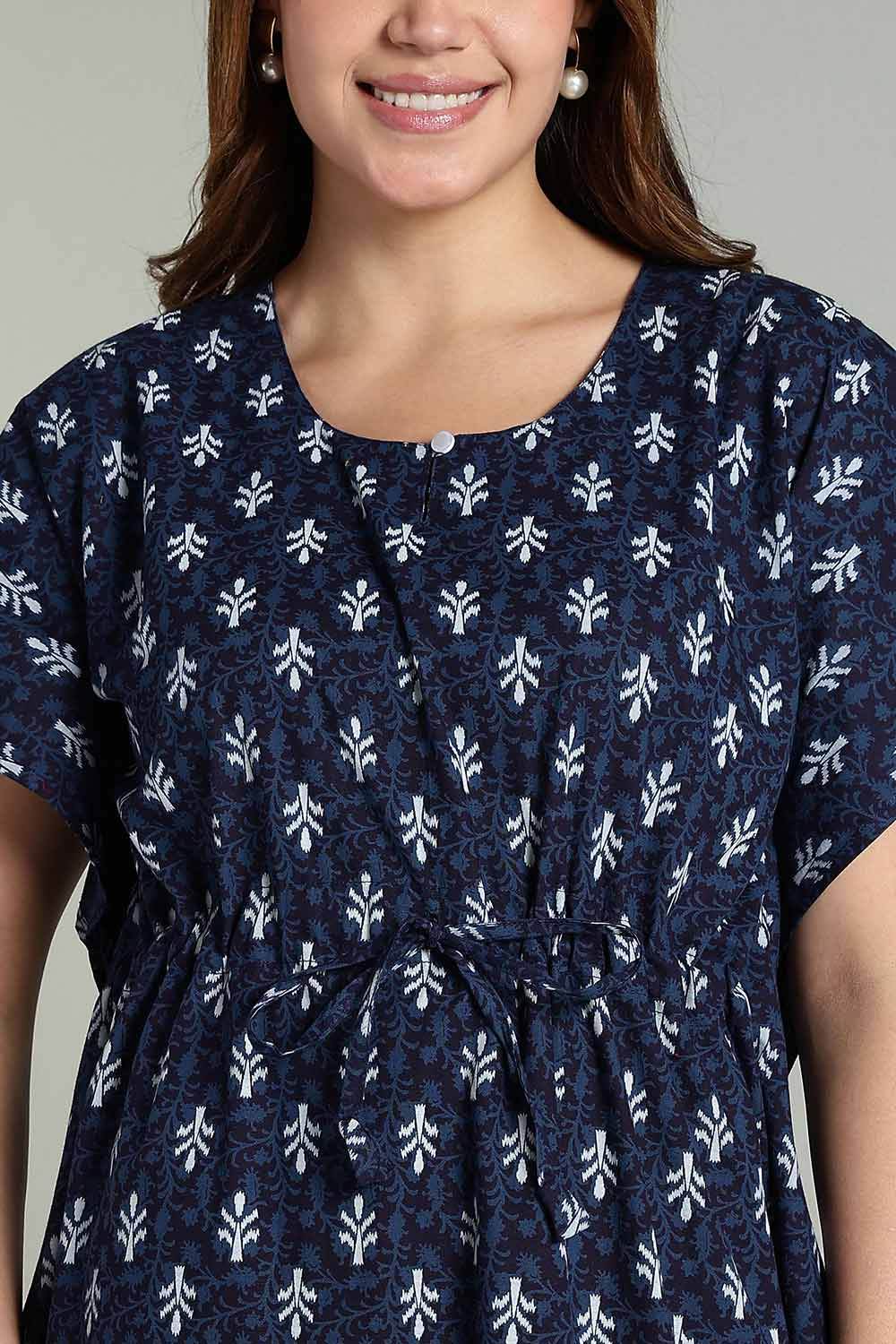 Naidu Hall Women’s Full-Length Kaftan Nighty – V-Slit Keyhole Neck, Elastic Waist & Short Sleeves - Indigo Blue - NA31 - Naidu Hall Family Store