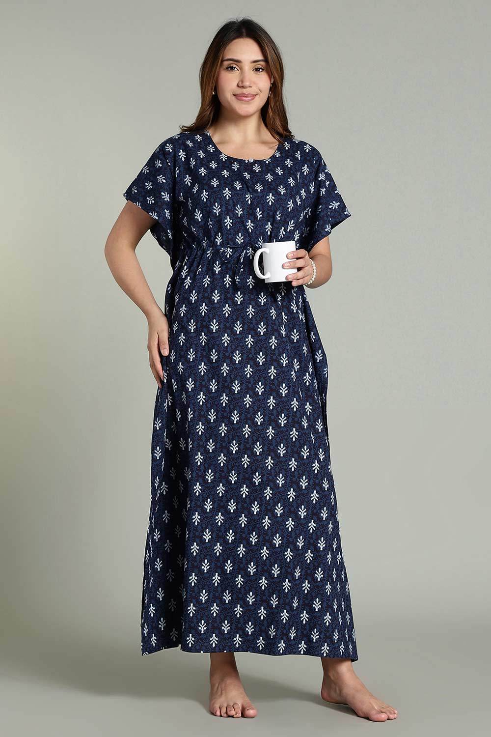 Naidu Hall Women’s Full-Length Kaftan Nighty – V-Slit Keyhole Neck, Elastic Waist & Short Sleeves - Indigo Blue - NA31 - Naidu Hall Family Store