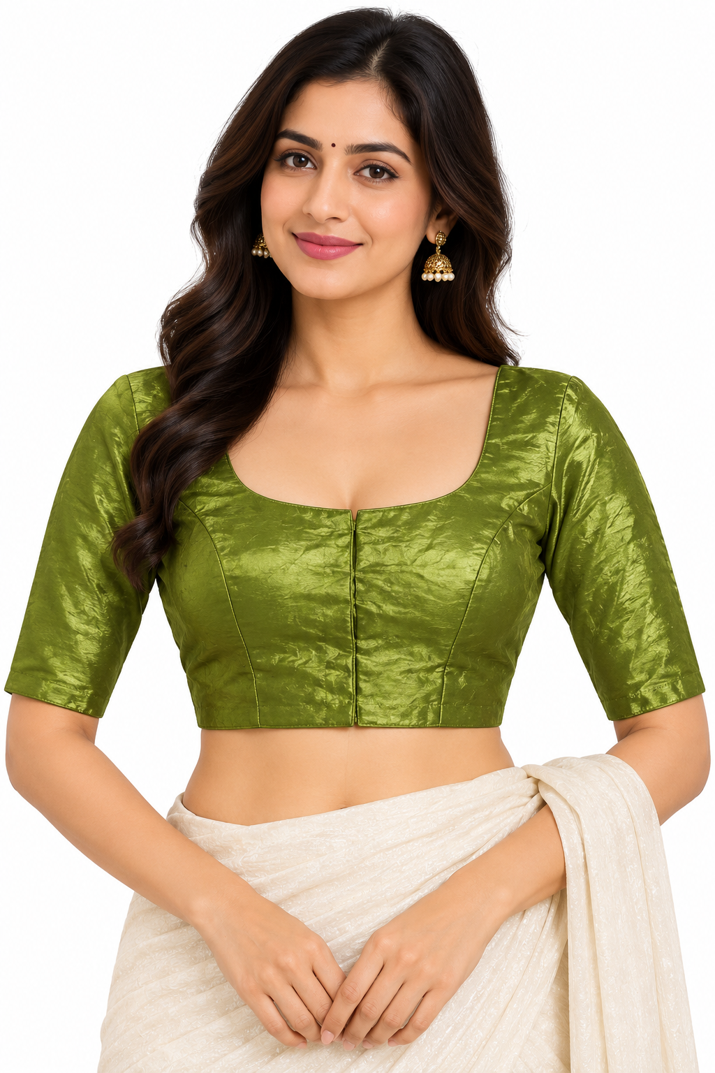 Women’s Padded Space Silk Princess Cut Readymade Saree Blouse | Front Open Round Neck Elbow Sleeve Blouse with Back Knot - 1121