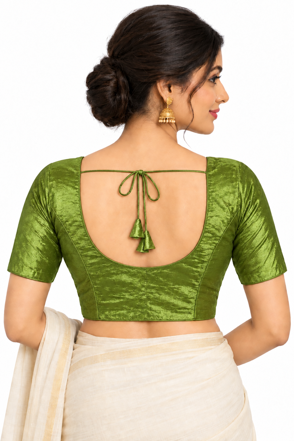Women’s Padded Space Silk Princess Cut Readymade Saree Blouse | Front Open Round Neck Elbow Sleeve Blouse with Back Knot - 1121