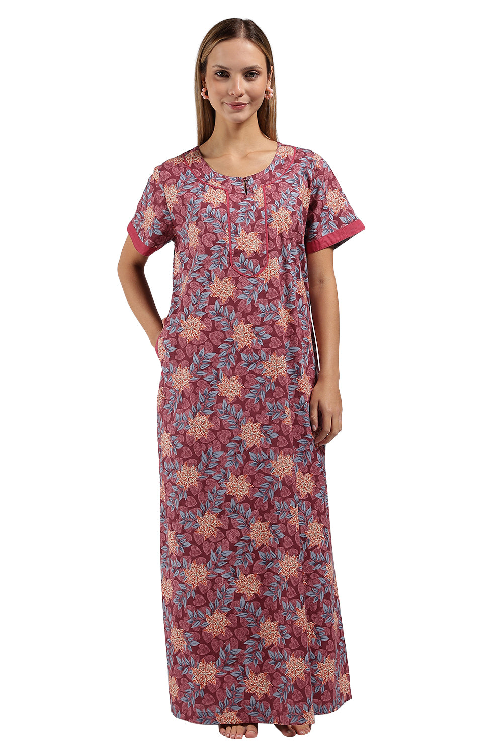 Naidu Hall Printed Cotton Nighty for Women – Full Length A-Line Sleepwear with Keyhole Neck & Contrast Piping | Comfortable Daily Wear Nighty
 - N135