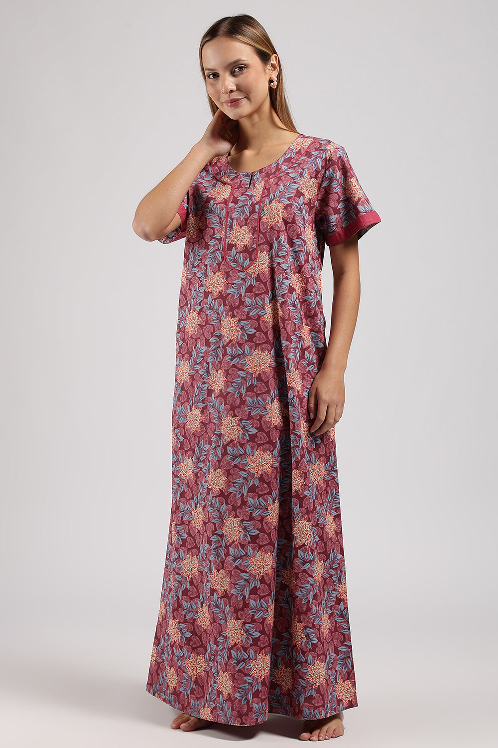 Naidu Hall Printed Cotton Nighty for Women – Full Length A-Line Sleepwear with Keyhole Neck & Contrast Piping | Comfortable Daily Wear Nighty
 - N135