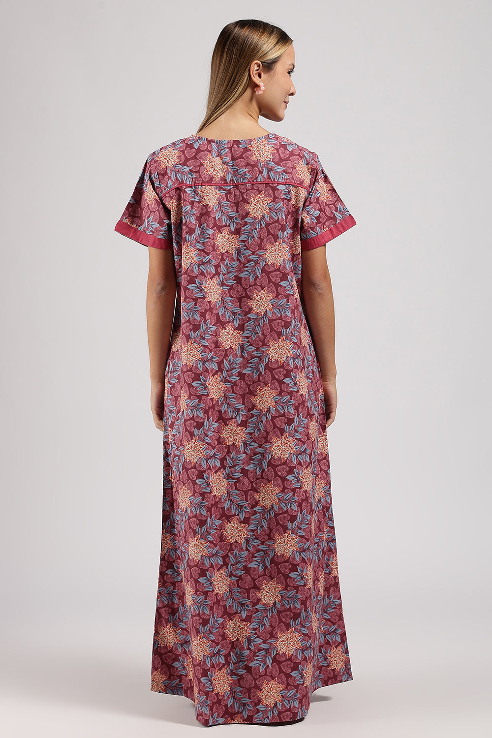 Naidu Hall Printed Cotton Nighty for Women – Full Length A-Line Sleepwear with Keyhole Neck & Contrast Piping | Comfortable Daily Wear Nighty
 - N135