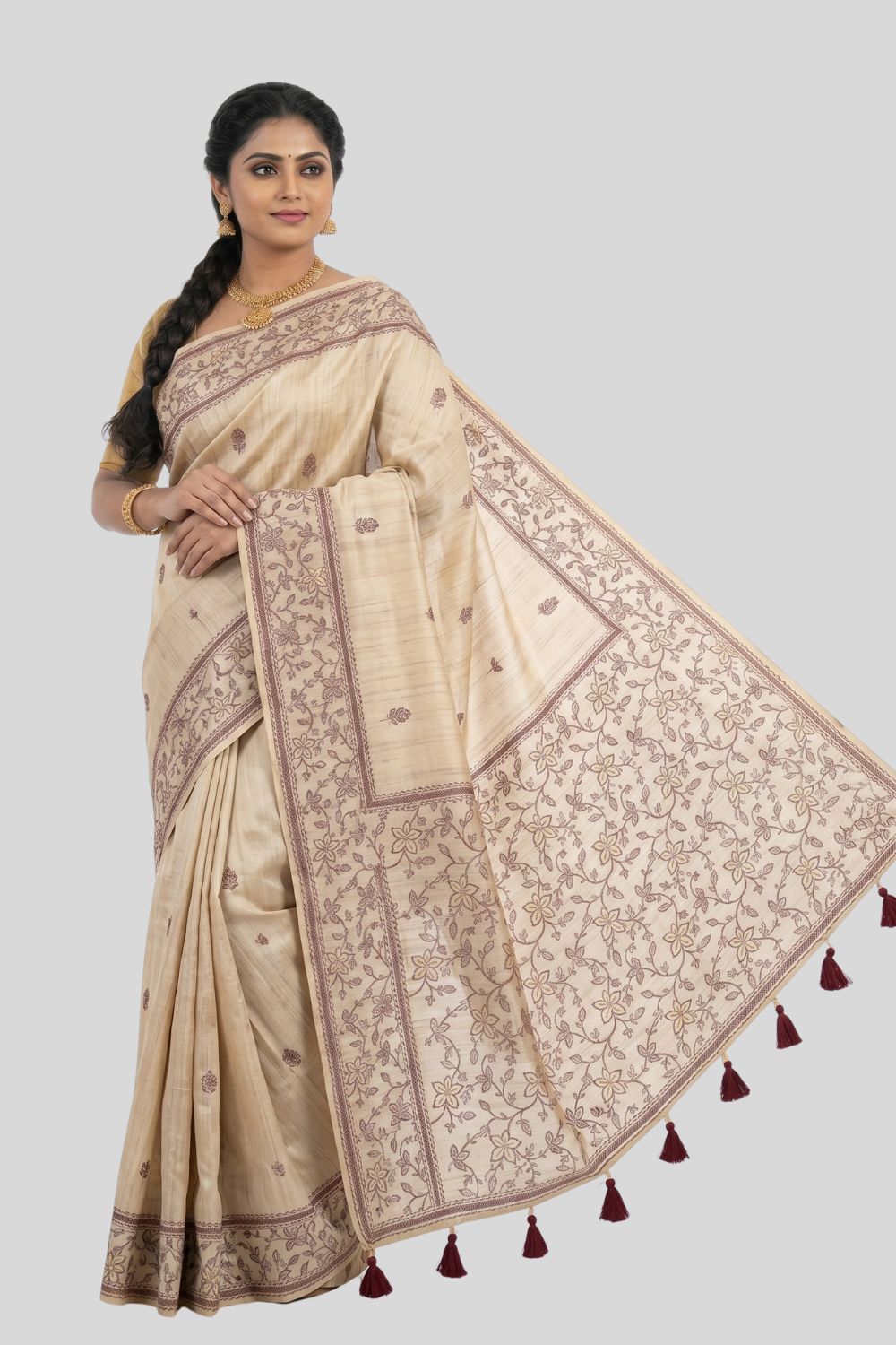 Women’s Tussar Silk Blend Saree with Blouse – Maroon Printed Saree for Women | Festive & Traditional Ethnic Wear - WS13