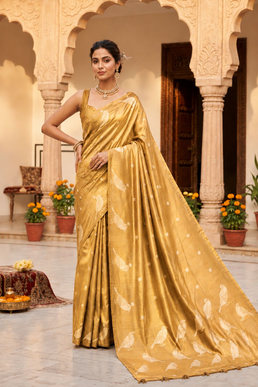 Women’s Art Silk Tissue Saree with Blouse – Gold Printed Saree for Women | Festive & Traditional Ethnic Wear - WS11