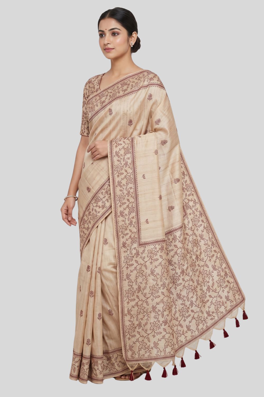 Women’s Tussar Silk Blend Saree with Blouse – Maroon Printed Saree for Women | Festive & Traditional Ethnic Wear - WS13