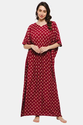 Naiduhall Round Neck Printed Kaftan Nighty - Dark Pink NT27