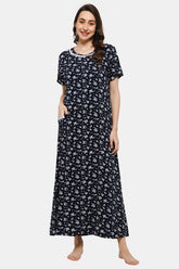 Naidu Hall V-neck Short Sleeve Nighty with Front Patch Pocket - Navy Blue NT19